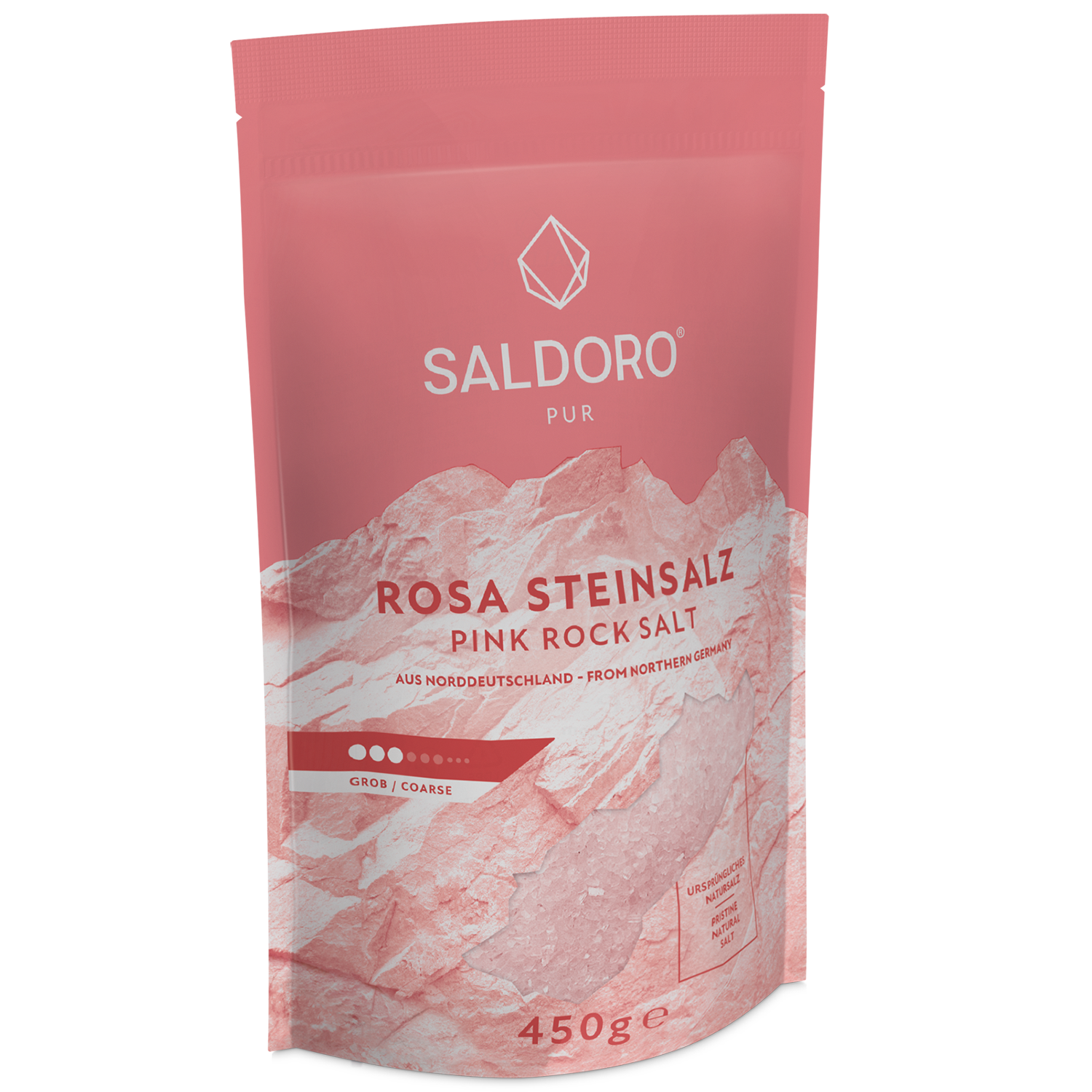 Saldoro coarse pink rock salt, doypack from the side