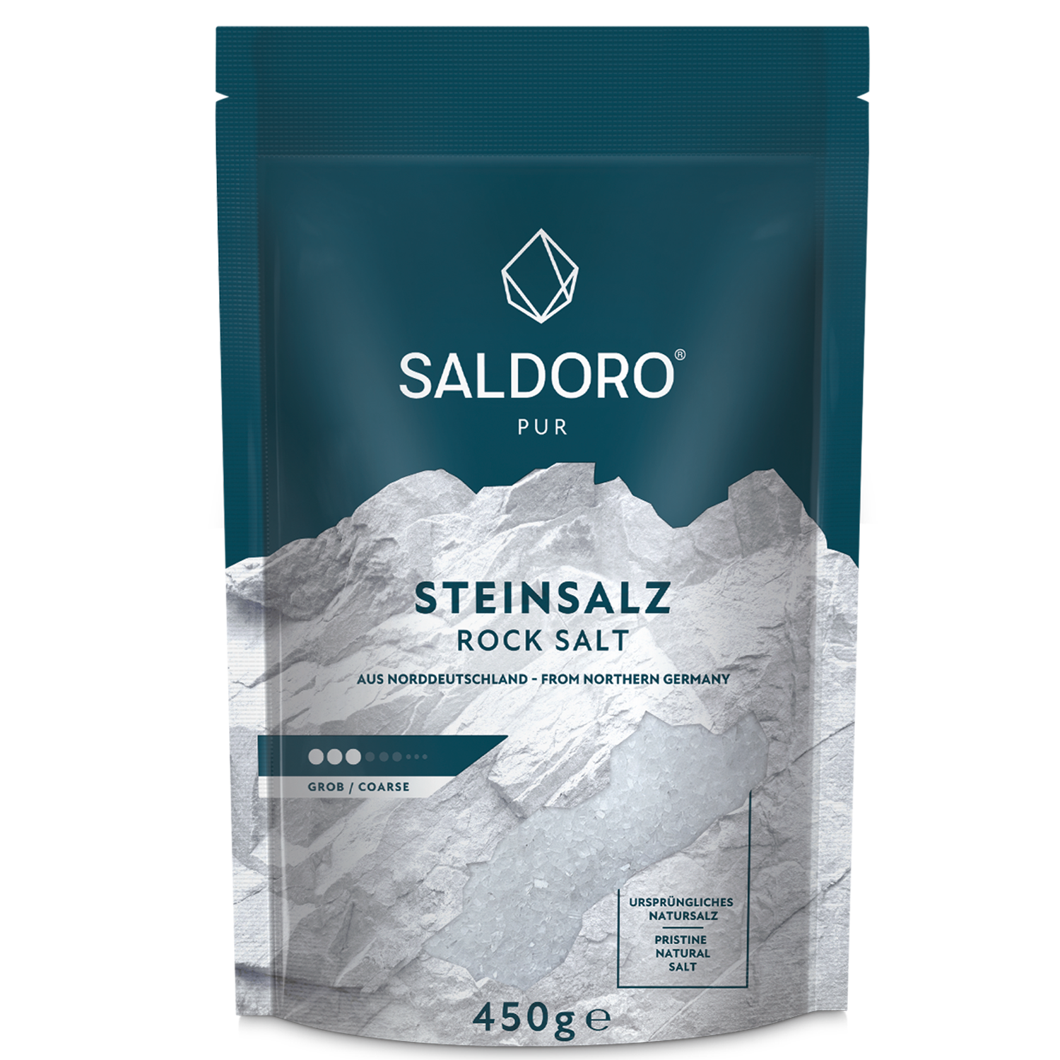 Saldoro coarse rock salt Doypack from the front