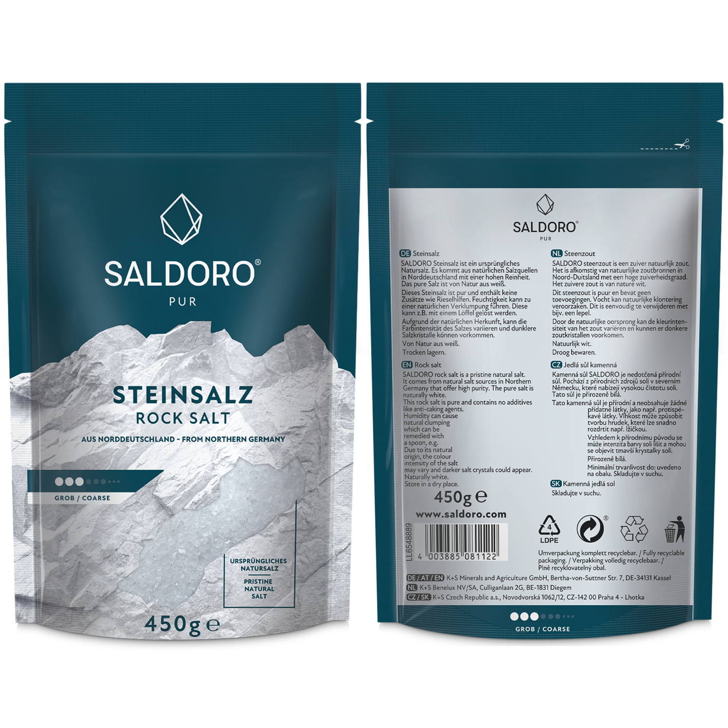 Saldoro coarse rock salt Doypack front and back