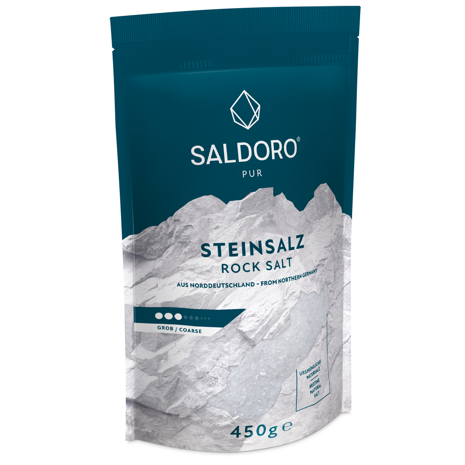 Saldoro coarse rock salt Doypack from the side