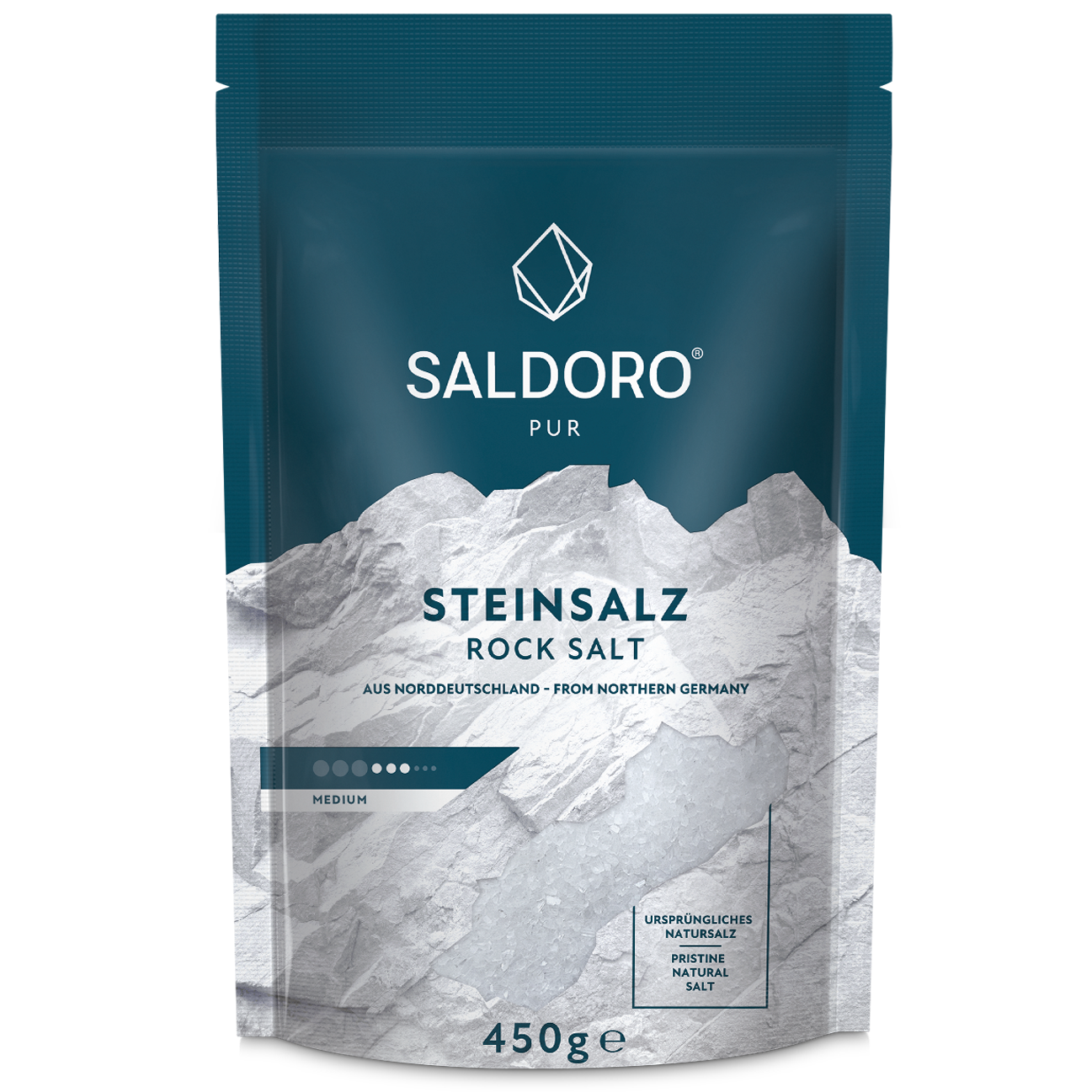 Saldoro rock salt medium coarse in doypack from the front