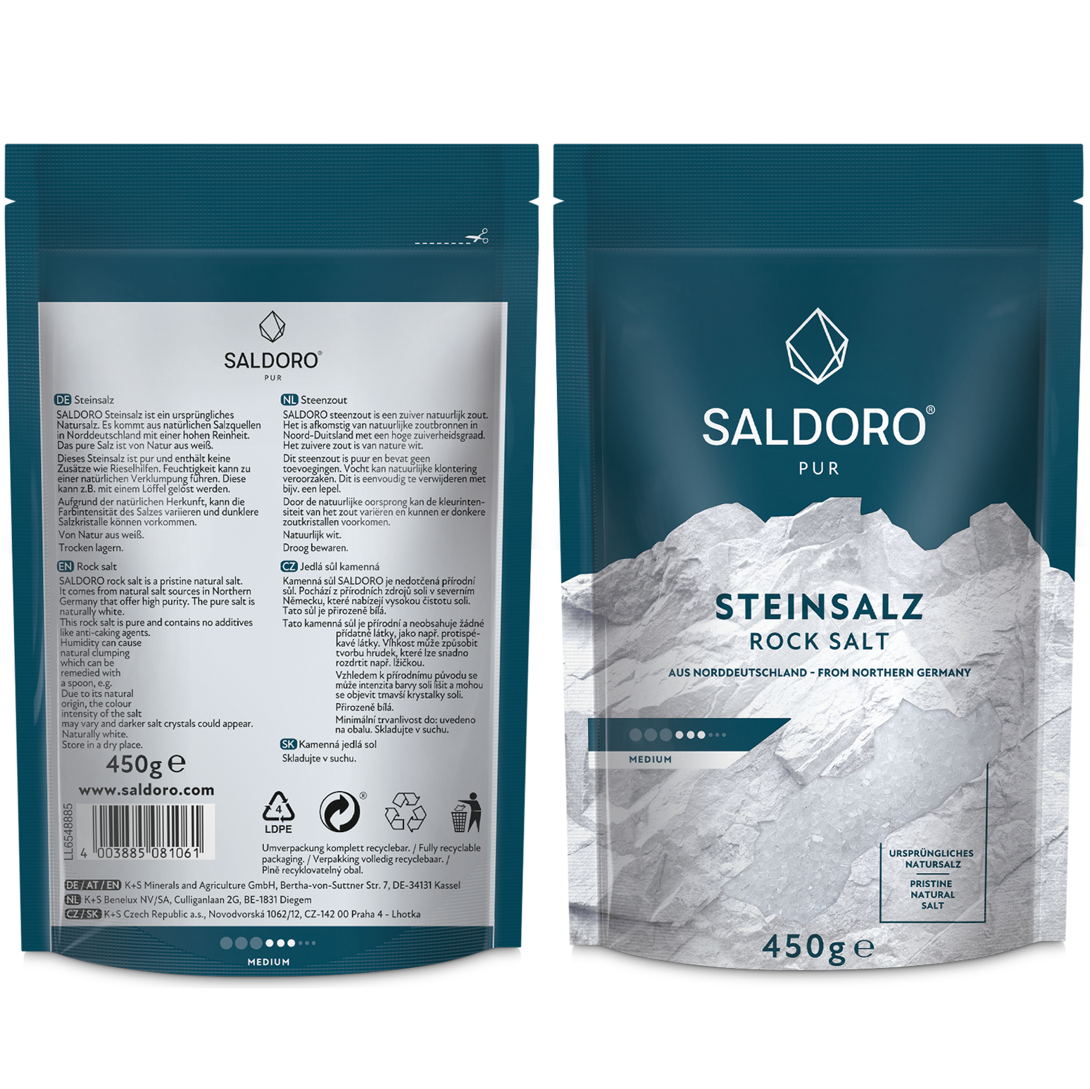 Saldoro rock salt medium coarse in doypack front and back