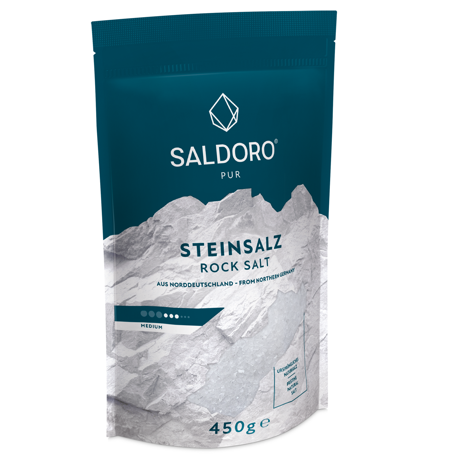 Saldoro rock salt medium coarse in doypack from the side