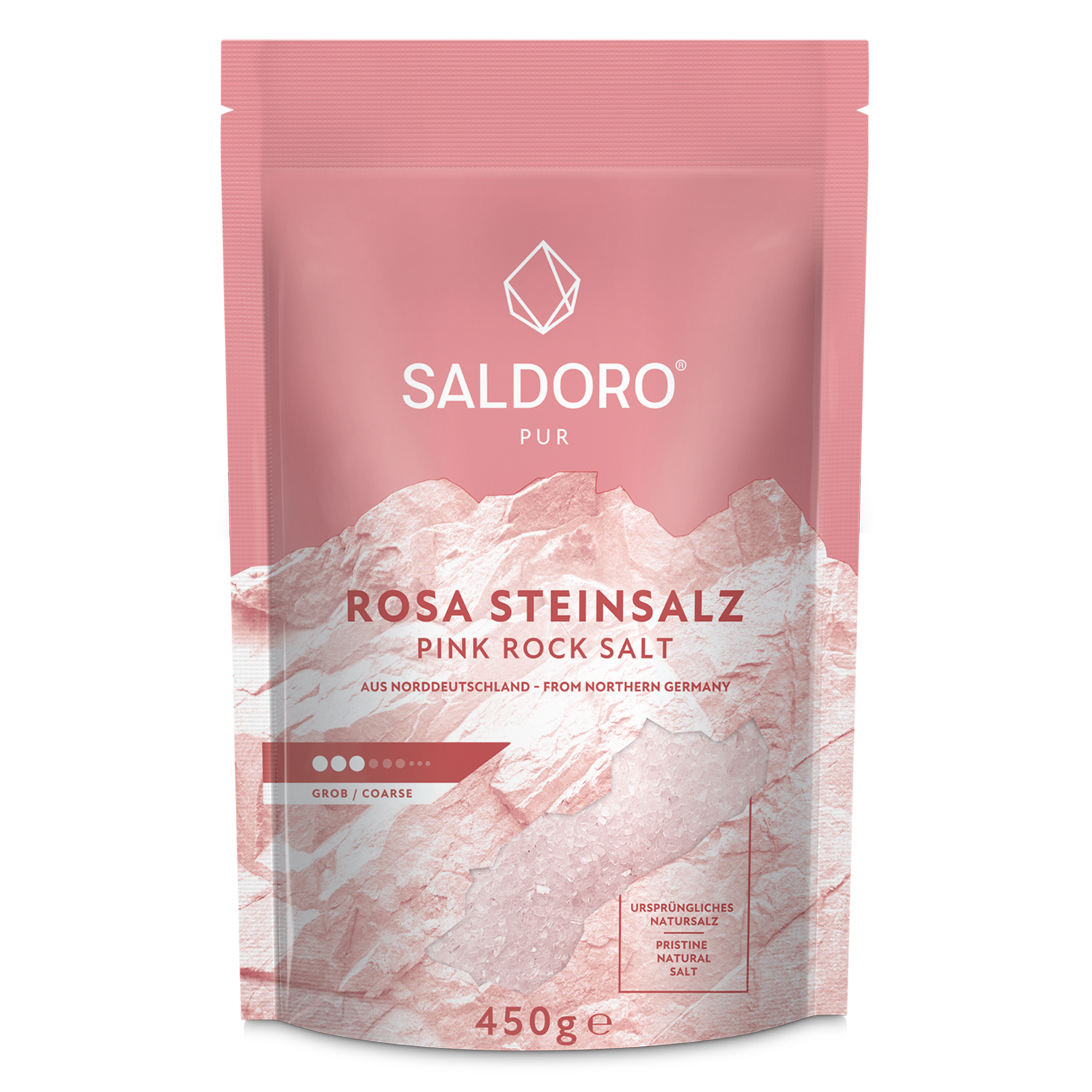 Saldoro coarse pink rock salt, doypack from the front 