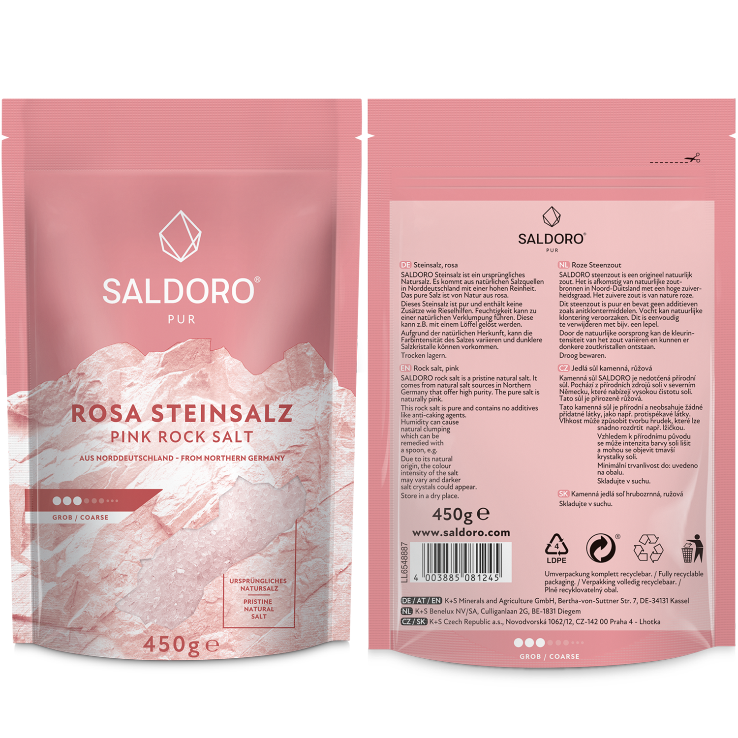 Saldoro coarse pink rock salt, doypack front and back